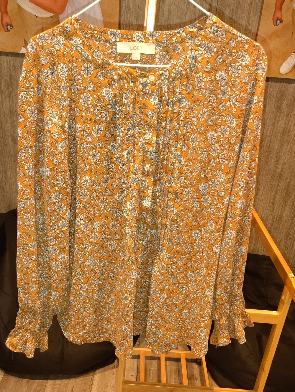 LOFT Yellow Floral Ruffle-Cuff Button Front Blouse